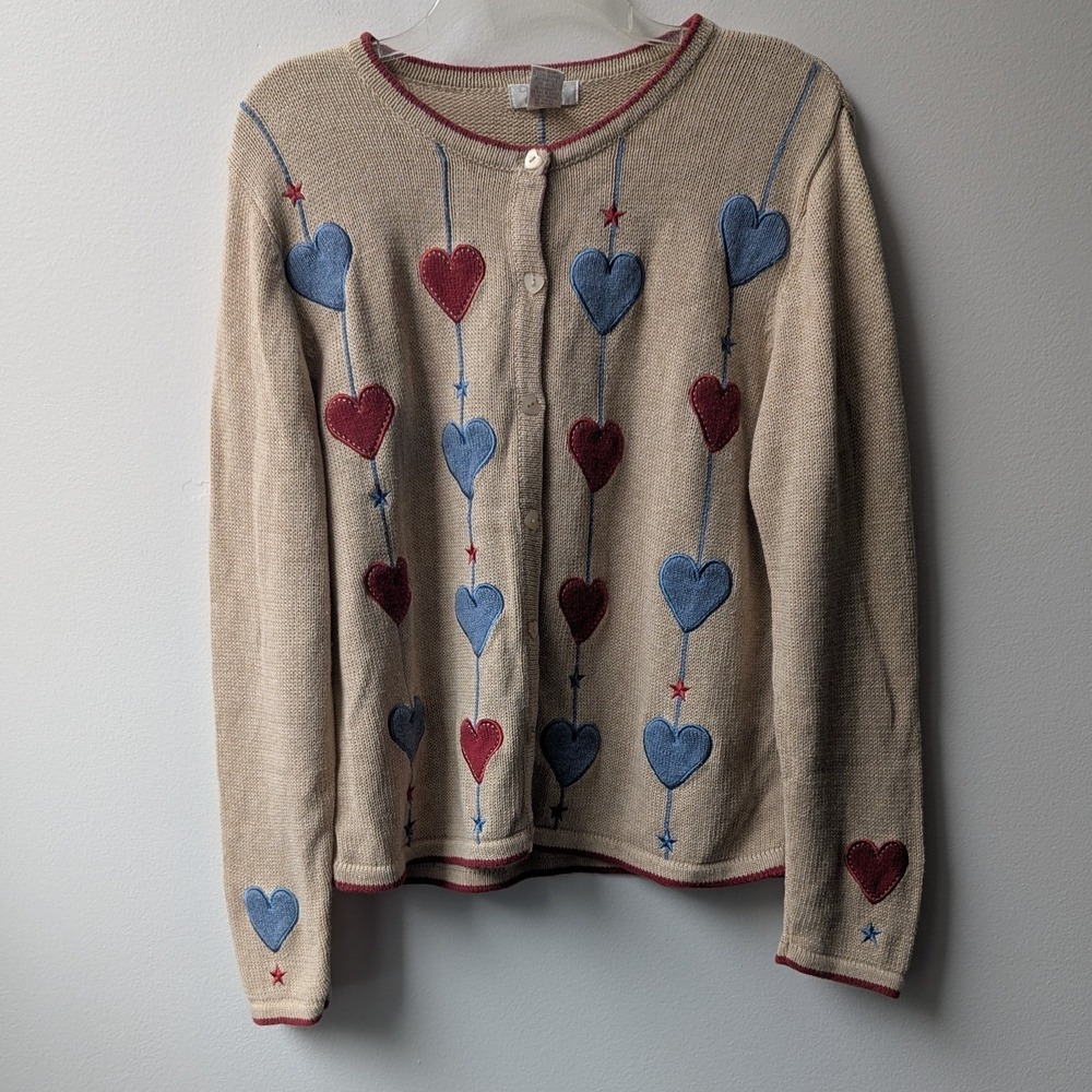 Vtg Cardigan Tan Heart Embroidered Button Front Sz M Gradnmacore Valentines Day